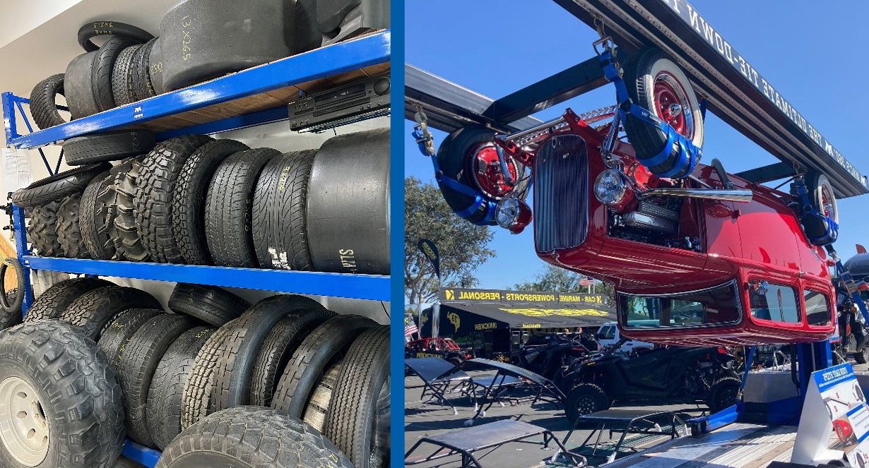 Left: Rack of different-sized tires; right: vehicle suspended upside down by custom Mac's wheel nets