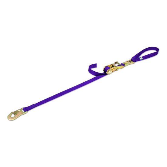 116410 1 x 10 Motorcycle Ratchet Tie-Down Strap with Integrated Soft Loop Flat Snap Hook - Purple
