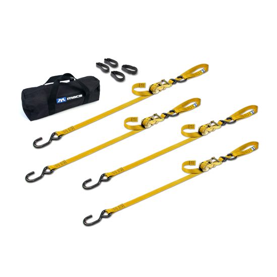 510414 1 x 10 Motorcycle Ratchet Tie-Down Pack with Integrated Soft Loops S-Hooks - Yellow