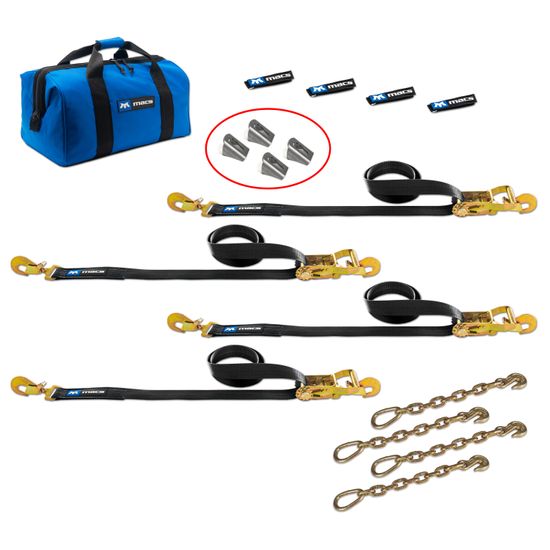 511282 2 x 8 Tie-Down Strap Pack with Direct Hook Ends Chain Extensions  Weld-On Axle Housing Brackets - Black