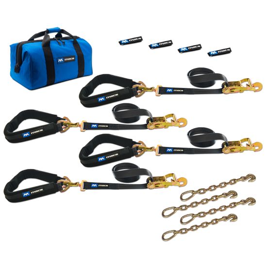 511659 2 x 8 Pro Pack Premium Tie-Down Strap Kit with 40 Axle Strap Direct Hook Ends  Chain Extensions - Black