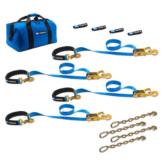 512127 Two 6  Two 8 Super Pack Tie-Down Strap Kit with Integrated Axle Straps Direct Hook Ends  Chain Extensions - Blue