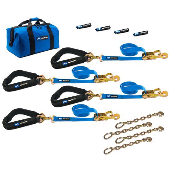512660 2 x 8 Pro Pack Premium Tie-Down Strap Kit with 40 Axle Strap Direct Hook Ends  Chain Extensions - Blue