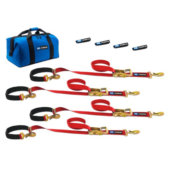 513108 2 x 8 Super Pack Tie-Down Strap Kit with Integrated Axle Straps Sewn Fixed Ends - Red