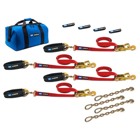 513619 2 x 8 Pro Pack Premium Tie-Down Strap Kit with 24 Axle Strap Direct Hook Ends  Chain Extensions - Red