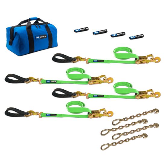 515228 2 x 8 Ultra Pack Tie-Down Straps with Detachable Axle Straps Direct Hook Ends  Chain Extensions - Lime Green