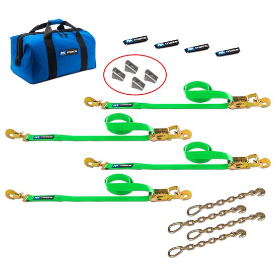 515272 2 x 6 Tie-Down Strap Pack with Direct Hook Ends Chain Extensions  Weld-On Axle Housing Brackets - Lime Green