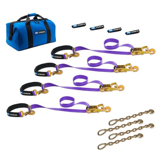 516128 2 x 8 Super Pack Tie-Down Strap Kit with Integrated Axle Straps Direct Hook Ends  Chain Extensions - Purple