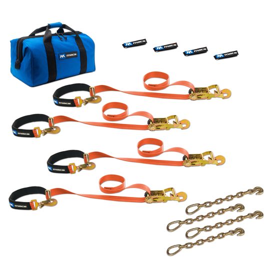 518127 Two 6  Two 8 Super Pack Tie-Down Strap Kit with Integrated Axle Straps Direct Hook Ends  Chain Extensions - Orange