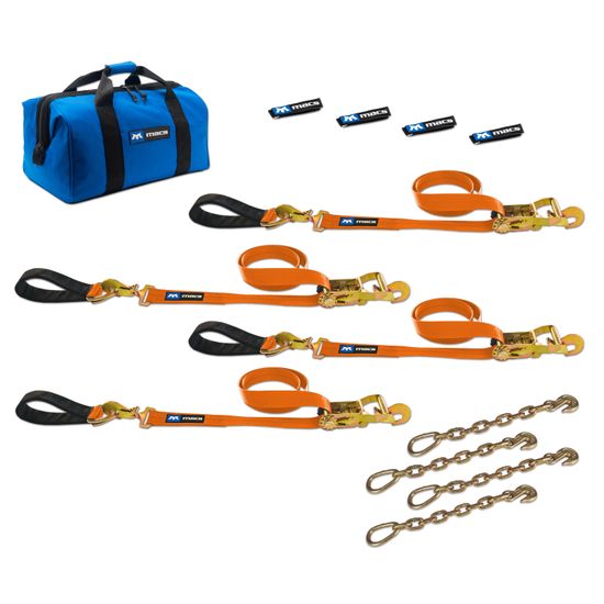 518228 2 x 8 Ultra Pack Tie-Down Straps with Detachable Axle Straps Direct Hook Ends  Chain Extensions - Orange