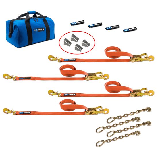 518282 2 x 8 Tie-Down Strap Pack with Direct Hook Ends Chain Extensions  Weld-On Axle Housing Brackets - Orange