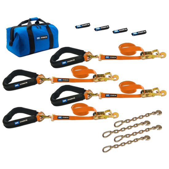 518657 2 x 6 Pro Pack Premium Tie-Down Strap Kit with 40 Axle Strap Direct Hook Ends  Chain Extensions - Orange