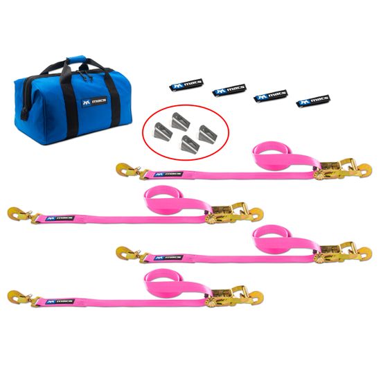 519270 2 x 6 Tie-Down Strap Pack with Direct Hook Ends  Weld-On Axle Housing Brackets - Pink